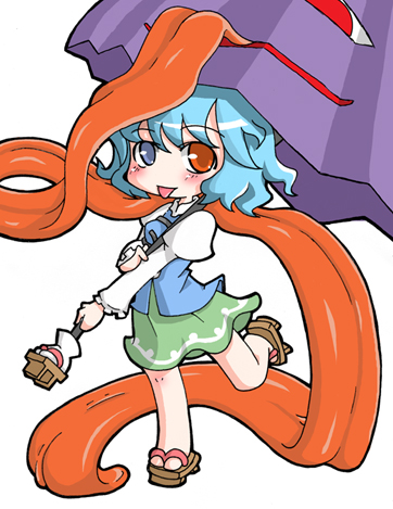 kureha mitsushige, tatara kogasa, touhou, lowres, 1girl, :p, blue eyes, blue hair, chibi, female focus, geta, heterochromia, karakasa obake, matching hair/eyes, no socks, red eyes, sandals, shadow, short hair, solo, tongue, tongue out, umbrella