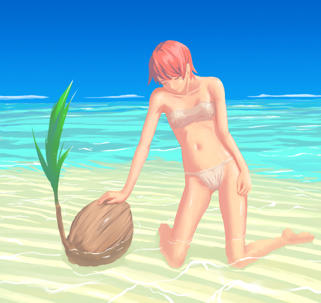 flash tomo, original, bad id, bad pixiv id, 1girl, barefoot, beach, bikini, closed eyes, coconut, day, female focus, kneeling, long legs, navel, ocean, outdoors, pink hair, short hair, smile, solo, strapless, strapless bikini, submerged, swimsuit, water
