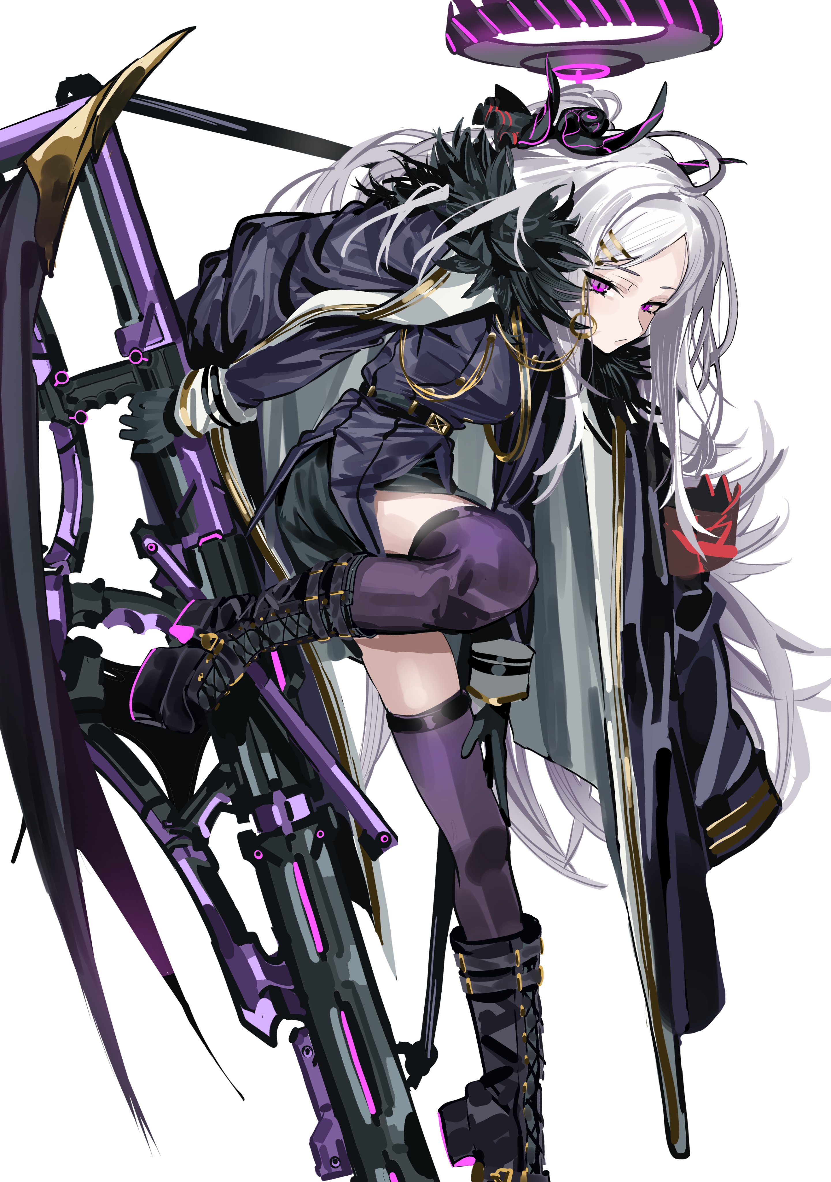 kazukingu, hina (blue archive), blue archive, absurdres, highres, 1girl, ahoge, black halo, demon girl, demon horns, demon wings, gun, halo, horns, long hair, machine gun, mg42, multiple horns, purple eyes, weapon, white hair, wings