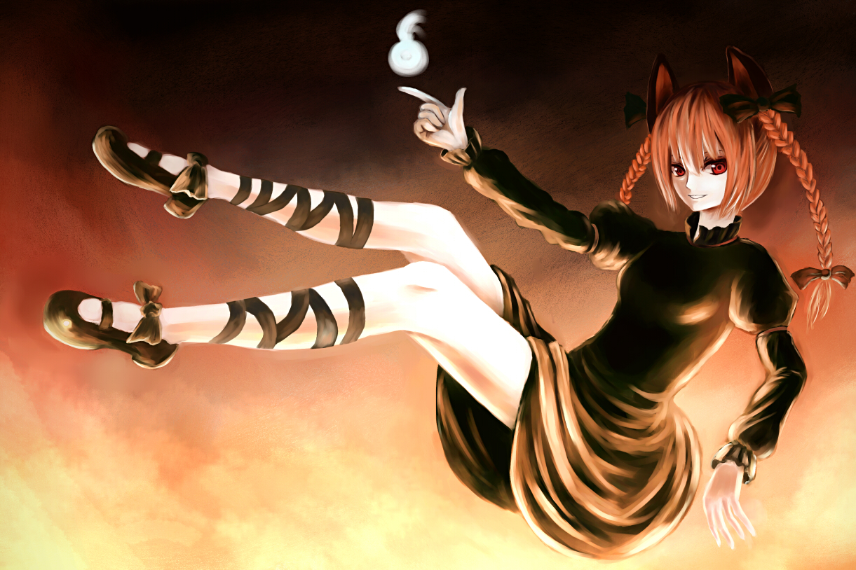 parsley-f, kaenbyou rin, touhou, bad id, bad pixiv id, 1girl, animal ears, braid, cat ears, cat girl, female focus, full body, gradient background, hair ribbon, legs, red eyes, red hair, ribbon, short hair, solo, twin braids, twintails