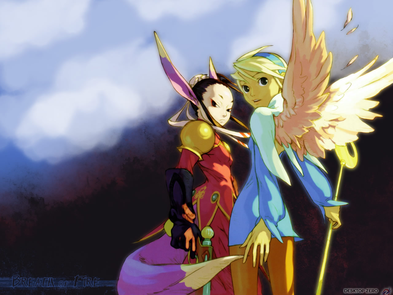 yoshikawa tatsuya, nina (breath of fire iv), ursula (breath of fire), breath of fire, breath of fire iv, capcom, official art, official wallpaper, third-party edit, 2girls, angel wings, animal ears, back, black eyes, black hair, blonde hair, bun cover, cloud, dress, eyeshadow, feathers, flat chest, from behind, frown, gloves, gun, hairband, makeup, multiple girls, outdoors, pale skin, pantyhose, ribbon, short dress, short hair, sky, staff, tail, watermark, weapon, white wings, wings