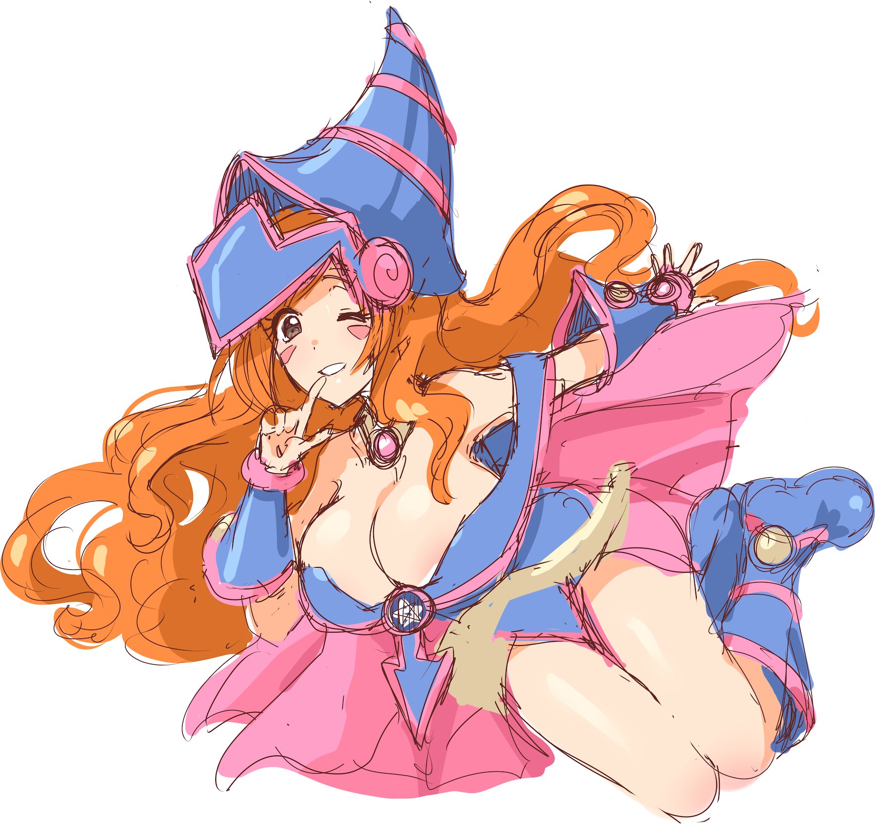 nashirasauce, inoue orihime, bleach, yu-gi-oh!, yu-gi-oh! duel monsters, breasts, brown eyes, cleavage, cosplay, dark magician girl (cosplay), huge breasts, long hair, orange hair, very long hair