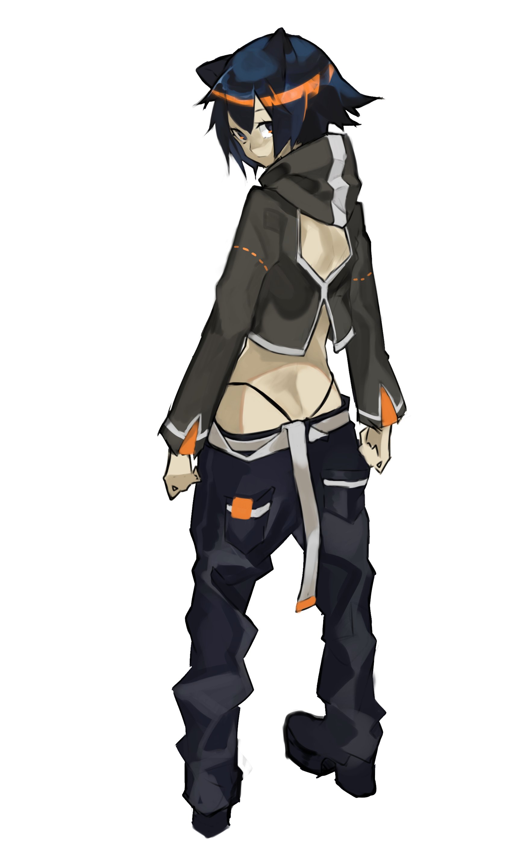 balance (superdust), tagme, 1girl, animal ears, baggy pants, belt, boots, cat ears, expressionless, looking at viewer, looking back, midriff, pants, simple background, white background