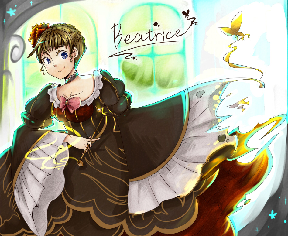 asumi chikyuu, ikeii, beatrice (umineko), umineko no naku koro ni, bad id, bad pixiv id, 00s, 1girl, blonde hair, blue eyes, bug, butterfly, choker, dress, female focus, flower, frills, insect, kiseru, smile, smoking pipe, solo