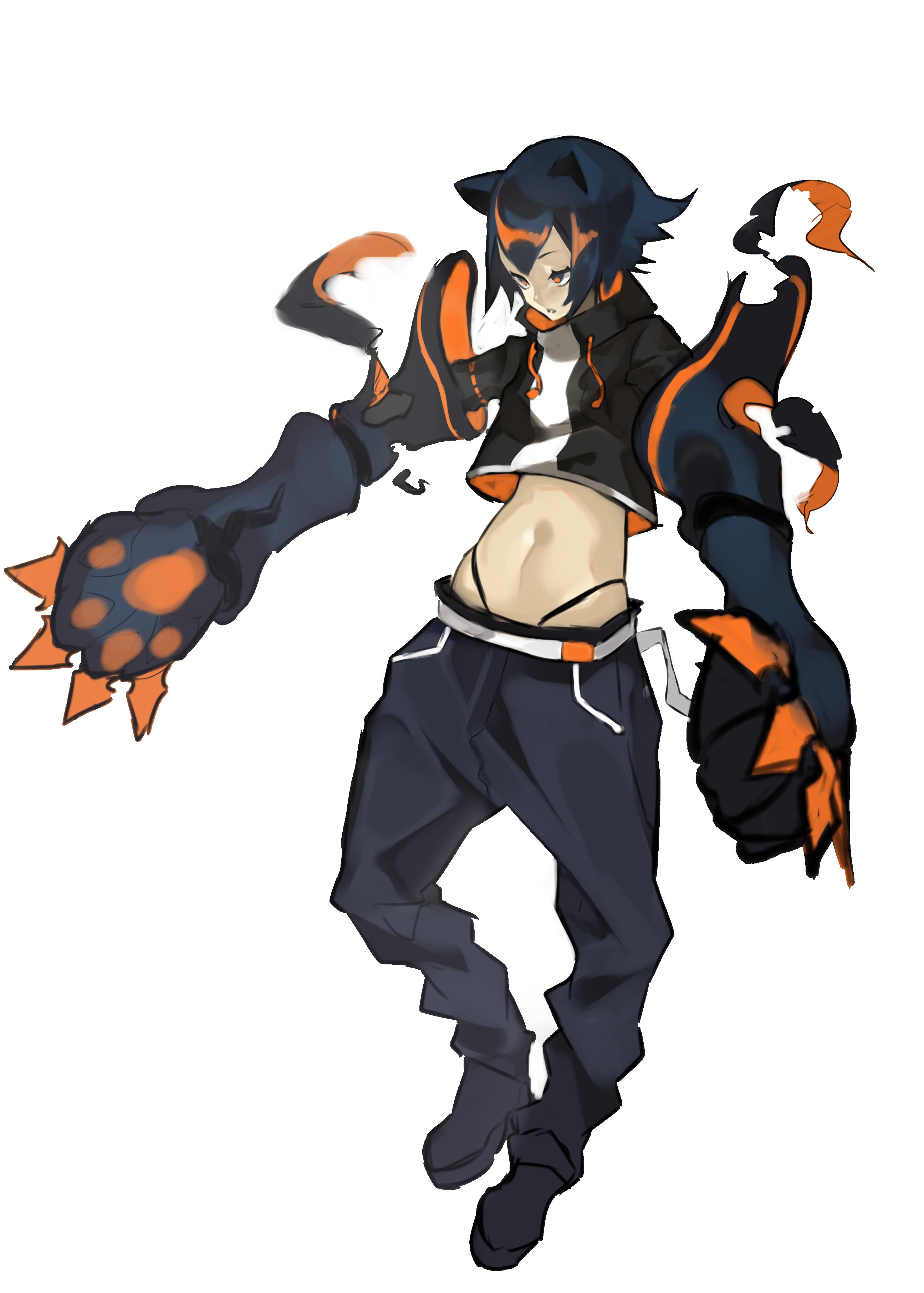 balance (superdust), tagme, 1girl, animal ears, baggy pants, cat ears, cat paws, midriff, navel, pants, simple background, white background