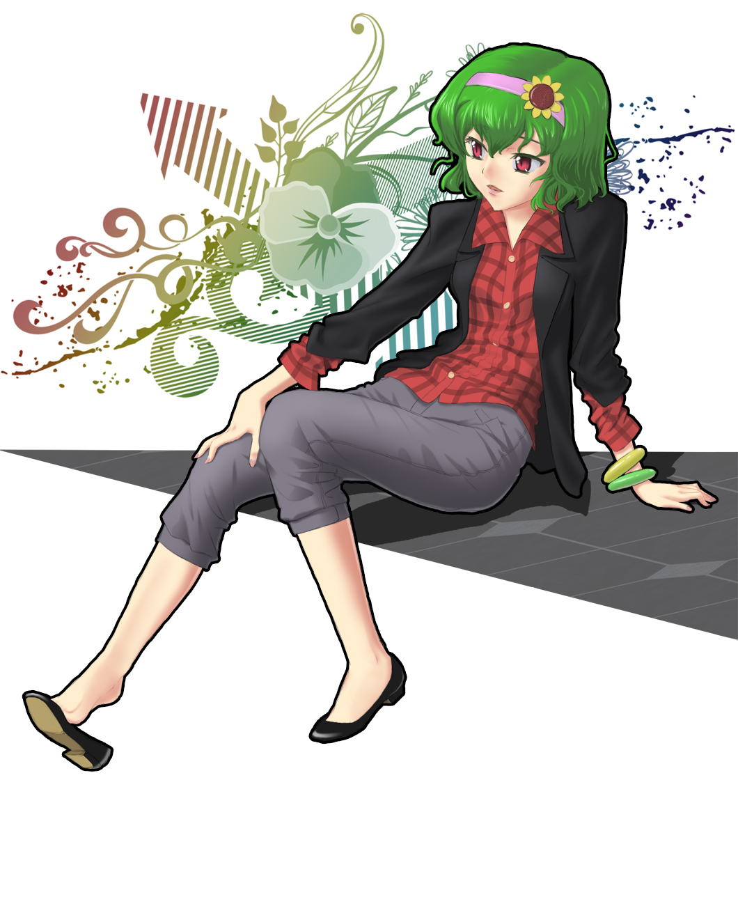 ww90055, kazami yuuka, touhou, highres, 1girl, alternate costume, barefoot, casual, contemporary, female focus, flower, green hair, hairband, plaid clothes, plaid shirt, red eyes, shirt, shoe dangle, shoes, short hair, sleeves pushed up, solo, sunflower