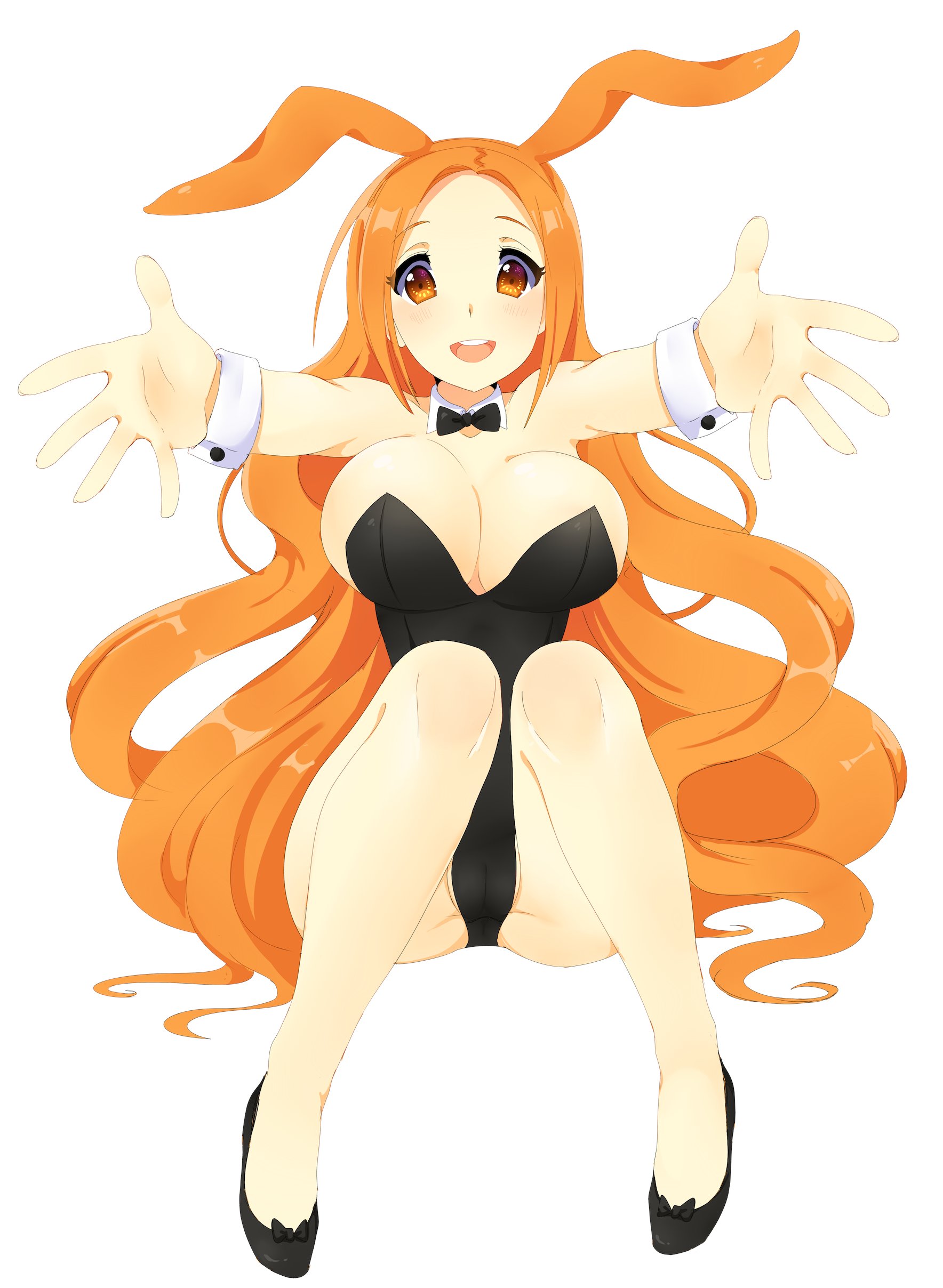 nashirasauce, inoue orihime, bleach, absurdres, highres, black bow, black shoes, bow, breasts, brown eyes, cleavage, headband, huge breasts, long hair, orange hair, playboy bunny, rabbit ears, reaching, reaching towards viewer, shoes, sitting, very long hair