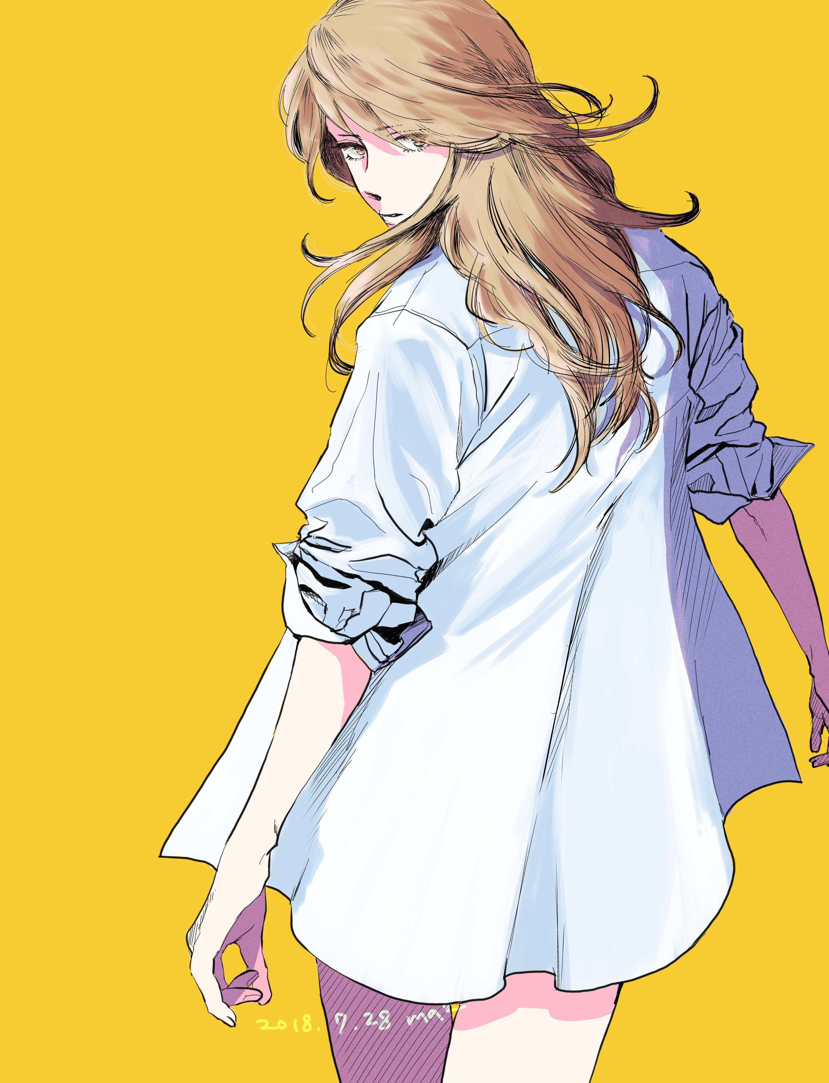 ma2, absurdres, highres, tagme, 1girl, blonde hair, expressionless, looking at viewer, looking back, simple background, yellow background, yellow eyes