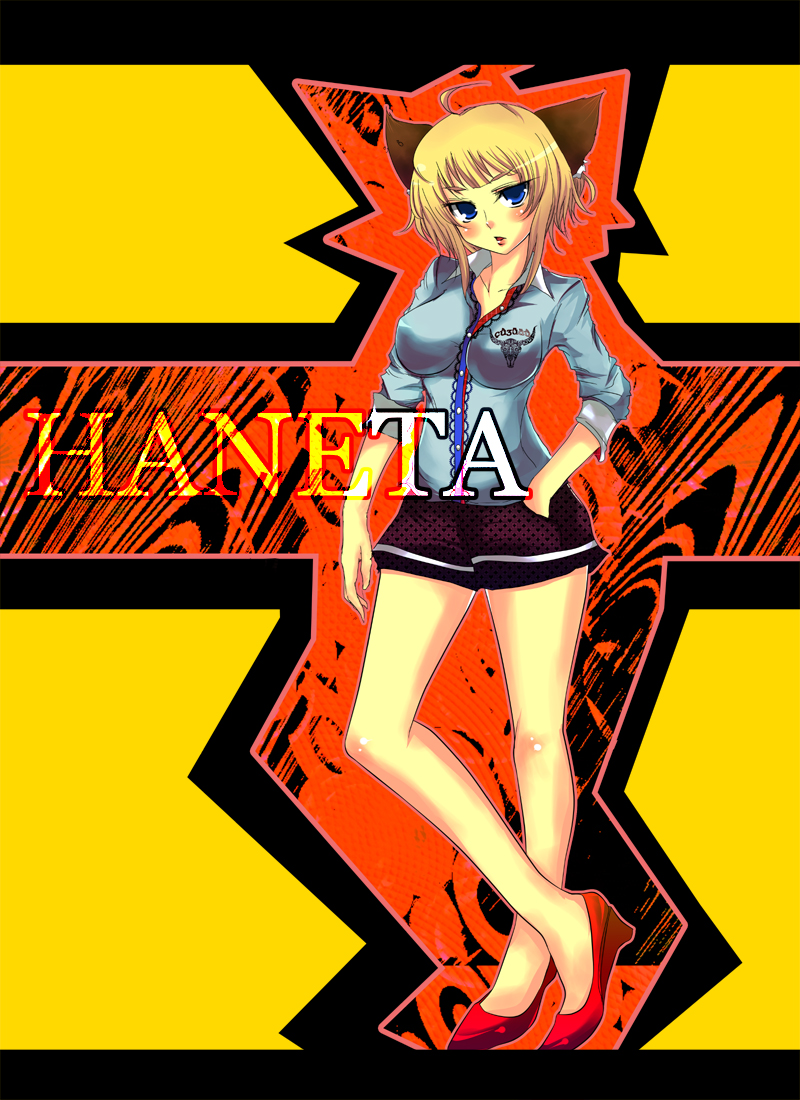 torayamato, bad id, bad pixiv id, 1girl, ahoge, animal ears, blonde hair, blue hair, blue shirt, blush, breasts, collarbone, female focus, frilled shirt, frills, full body, hand in pocket, head tilt, impossible clothes, impossible shirt, lips, long sleeves, looking at viewer, miniskirt, red shoes, shirt, shoes, short hair, skirt, solo, standing