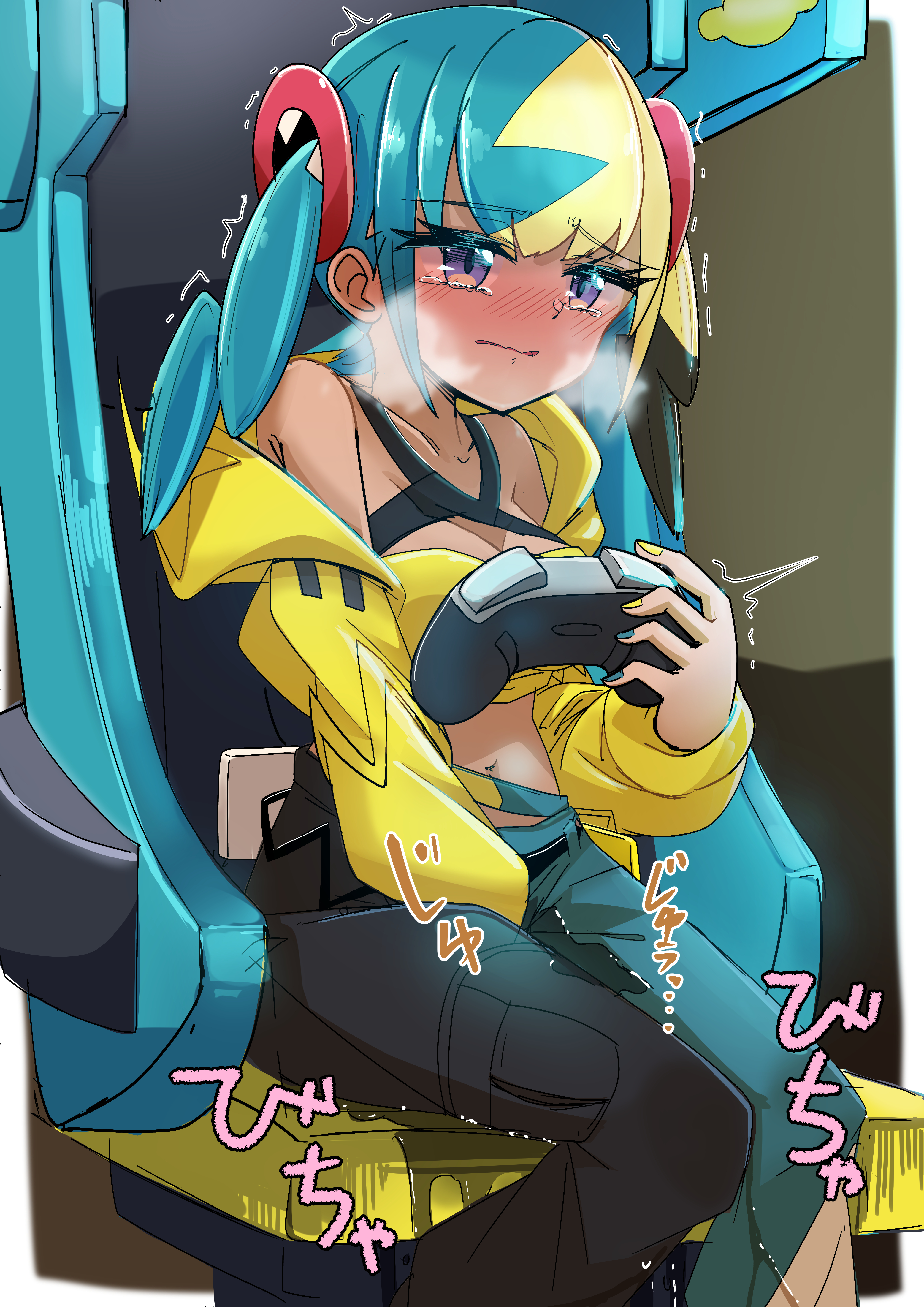 mizuumi (expanse lake), canari (pokemon), nintendo, pokemon, pokemon legends: z-a, absurdres, highres, translation request, 1girl, between legs, blonde hair, blue hair, blue nails, blush, closed mouth, controller, female focus, fingernails, game controller, hand between legs, multicolored hair, navel, pee, peeing, peeing self, purple eyes, sitting, solo, tears, trembling, two-tone hair, yellow nails