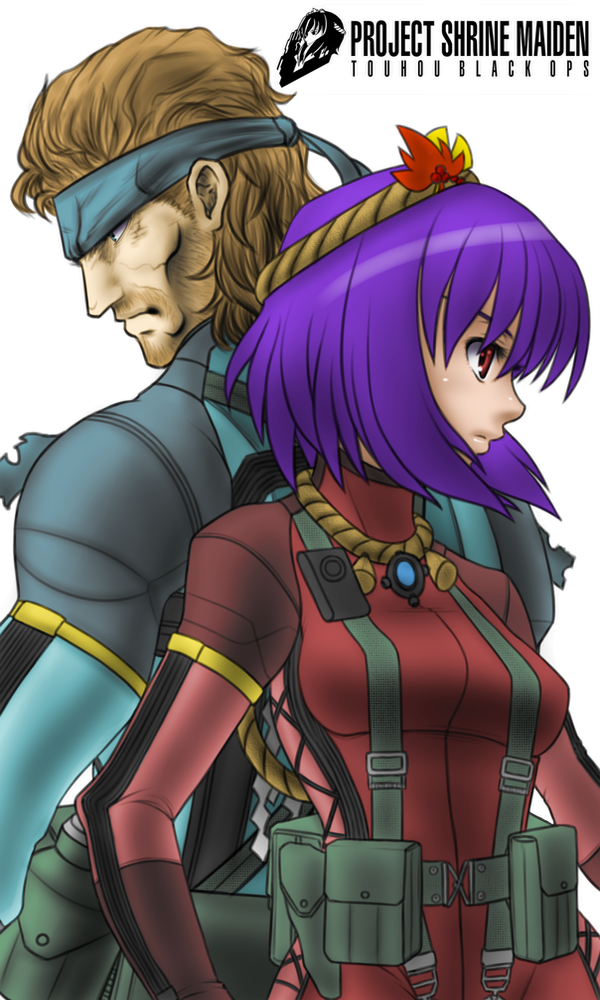 five-seven (0verlimits), big boss, naked snake, yasaka kanako, metal gear (series), metal gear solid: portable ops, metal gear solid 3: snake eater, touhou, 1boy, 1girl, crossover, fanny pack, hair ornament, holster, leaf, leaf hair ornament, purple hair, red eyes