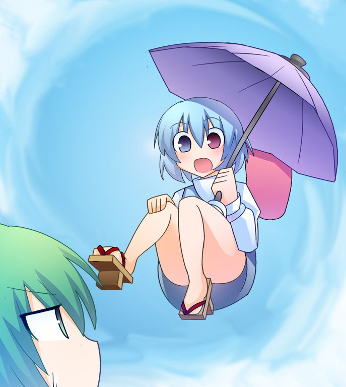 r (pixiv), ren (733), kochiya sanae, tatara kogasa, touhou, bad id, bad pixiv id, 2girls, blue hair, chibi, cloud, female focus, geta, heterochromia, karakasa obake, multiple girls, outdoors, short hair, sky, umbrella, umbrella riding