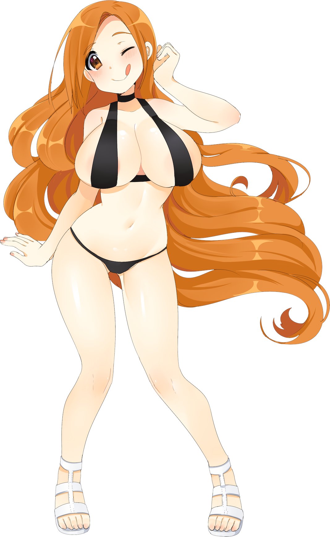 nashirasauce, inoue orihime, bleach, highres, bikini, black bikini, breasts, brown eyes, curvy, huge breasts, long hair, one eye closed, orange hair, sandals, slingshot swimsuit, swimsuit, tongue, very long hair, wide hips, wink