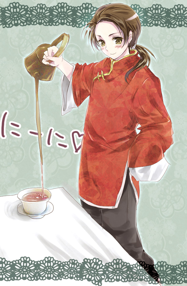outlaw, unabara misumi, china (hetalia), axis powers hetalia, bad id, bad pixiv id, 00s, 1boy, changpao, chinese clothes, male focus, ponytail, solo, tea