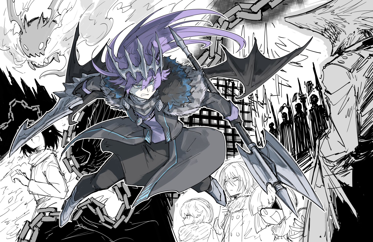 kankan33333, original, commentary request, 1girl, 3others, angry, axe, battle axe, black gloves, black pants, black wings, blot plot, blue eyes, capelet, chain, creature, dress, fighting stance, floating hair, full body, gloves, grey dress, holding, holding axe, holding weapon, jemiru (kankan33333), jewelry, long hair, monochrome background, monster, multiple others, pants, pendant, purple hair, tiara, weapon, wings