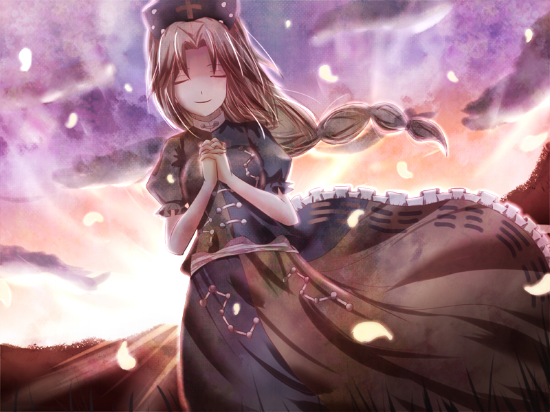 non (nobu), yagokoro eirin, touhou, silver hair, 1girl, braid, closed eyes, female focus, hat, long hair, nurse cap, own hands clasped, own hands together, single braid, solo