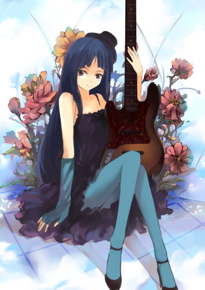 darkdoor, akiyama mio, don't say "lazy", k-on!, traditional media, 00s, 1girl, aqua pantyhose, bass guitar, black hair, blue pantyhose, blunt bangs, brown eyes, dress, female focus, fingerless gloves, flower, gloves, hat, high heels, hime cut, instrument, long hair, mini hat, mini top hat, pantyhose, shoes, solo, top hat