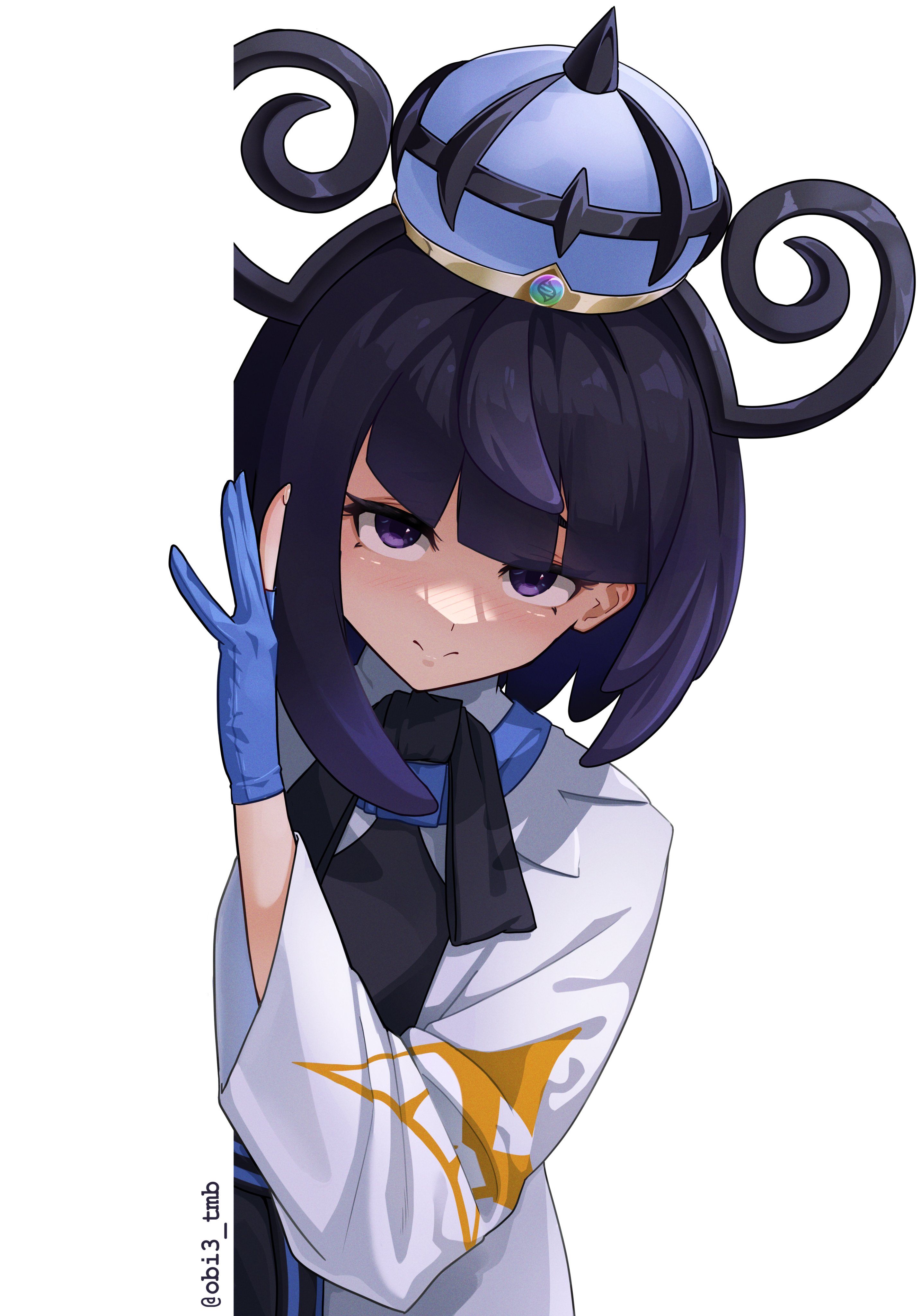 obi3, gwynn (pokemon), nintendo, pokemon, pokemon legends: z-a, absurdres, commentary, english commentary, highres, 1girl, black dress, black hair, blush, closed mouth, coat, dress, gloves, gradient hair, hat, long sleeves, looking at viewer, mega stone, multicolored hair, partially fingerless gloves, purple eyes, purple hair, short hair, smile, solo, twitter username, upper body, white background, white coat