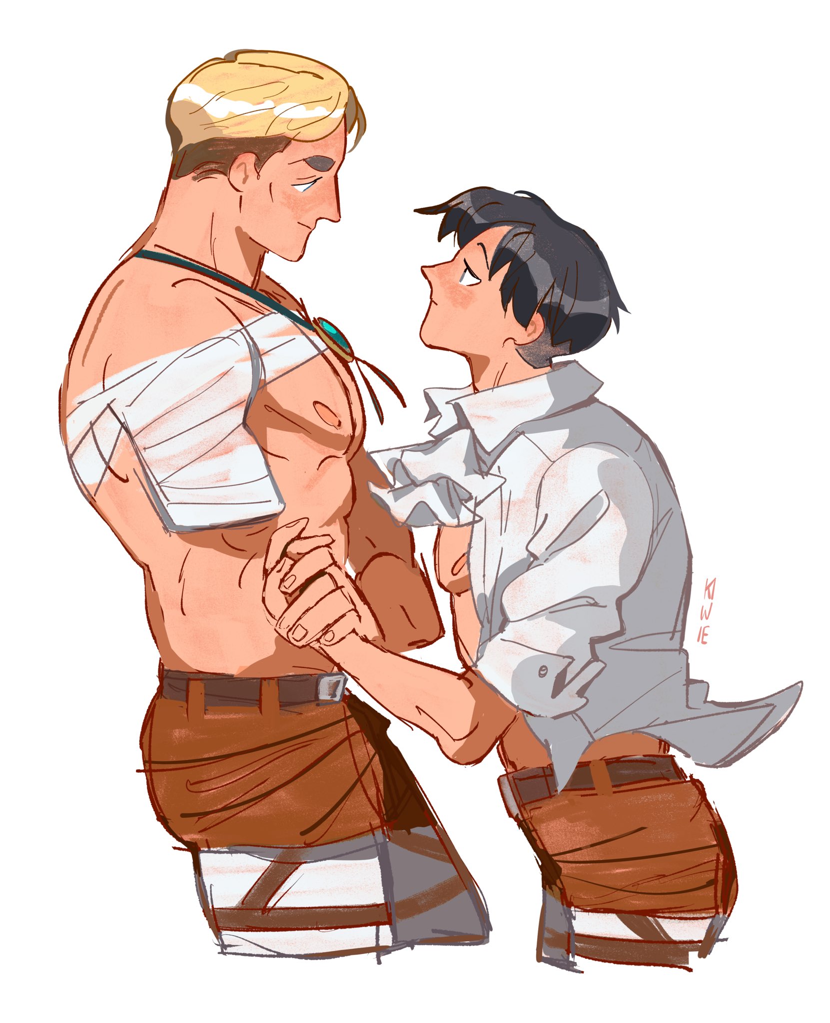 kiwie marinep, erwin smith, levi (shingeki no kyojin), shingeki no kyojin, highres, 2boys, amputee, bandaged arm, bandaged chest, bandages, black hair, blonde hair, bolo tie, collared shirt, cowboy shot, cropped legs, holding hands, light blush, looking at another, male focus, multiple boys, open clothes, open shirt, pants, parted bangs, shirt, short hair, topless male, white background, white pants, white shirt, yaoi