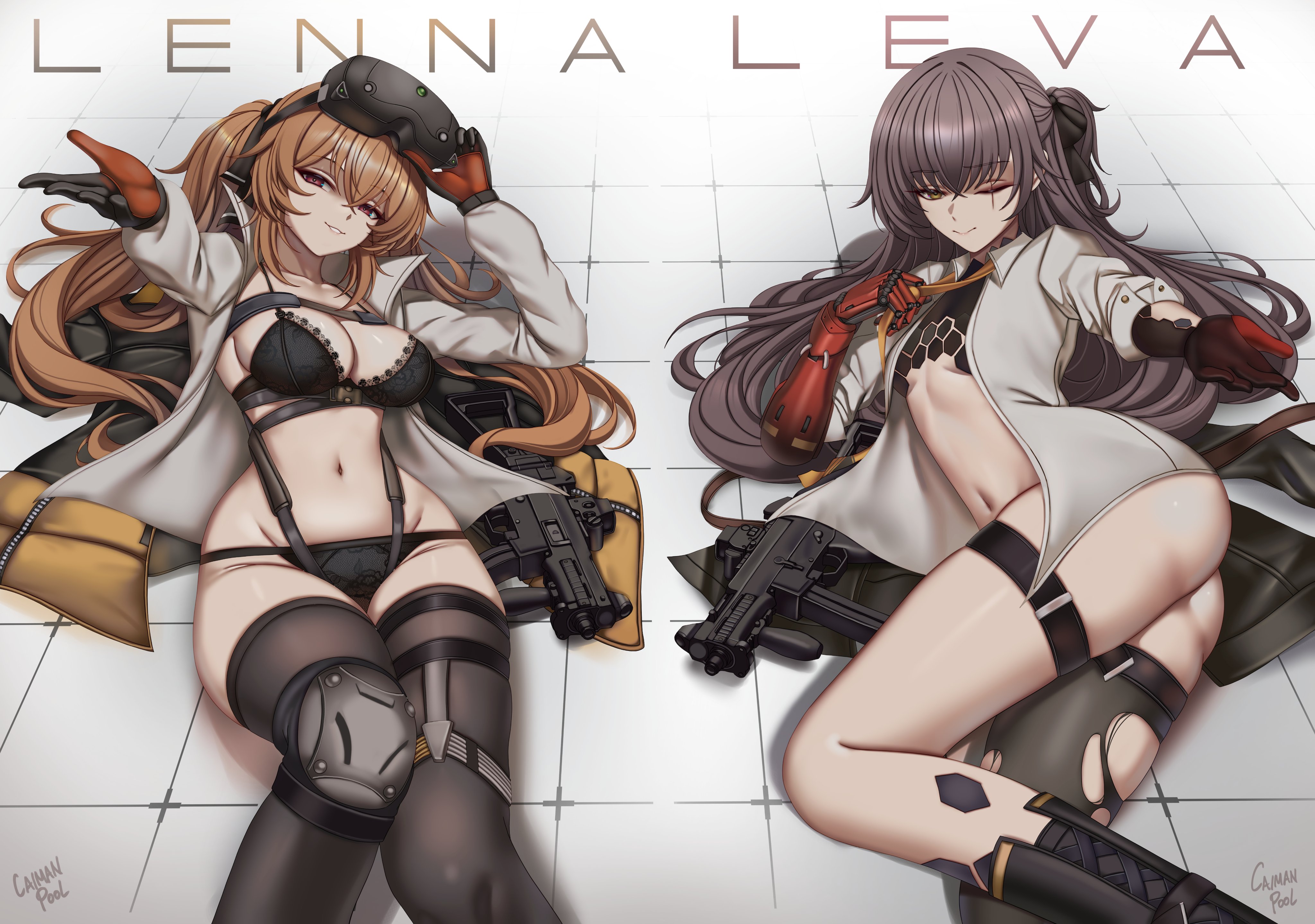 caiman pool, lenna (girls' frontline 2), leva (girls' frontline 2), ump45 (girls' frontline), ump9 (girls' frontline), girls' frontline, girls' frontline 2: exilium, absurdres, commentary, english commentary, highres, 2girls, adjusting clothes, adjusting necktie, artist name, ass, beckoning, black boots, black bra, black gloves, black jacket, black panties, black ribbon, black shoes, black thighhighs, boots, bottomless, bra, breasts, brown eyes, brown hair, buckle, buttons, character name, chest harness, closed mouth, collarbone, collared shirt, colored extremities, come hither, feet out of frame, from above, gloves, groin, gun, h&k ump, hair between eyes, hair ribbon, hands up, harness, head-mounted display, hexagon, hexagon print, honeycomb (pattern), jacket, knee pads, knee up, kneehighs, lace, lace-trimmed bra, lace trim, lingerie, looking at viewer, looking up, loose necktie, lowleg, lowleg panties, lying, lying on clothes, mechanical arms, multicolored gloves, multicolored jacket, multiple girls, naked shirt, navel, necktie, no panties, on back, on side, one eye closed, one side up, open clothes, open jacket, open shirt, outstretched arm, panties, parted lips, prosthesis, prosthetic arm, red gloves, red hands, ribbon, scar, scar across eye, scar on face, seductive smile, shiny skin, shirt, shoes, signature, simple background, single knee pad, single kneehigh, single mechanical arm, single sock, single thighhigh, sleeves rolled up, small breasts, smile, snap-fit buckle, socks, spaghetti strap, stomach, submachine gun, thigh gap, thigh strap, thighhighs, thighs, tile floor, tiles, torn clothes, torn thighhighs, twintails, two-tone gloves, underwear, undressing, unworn jacket, weapon, white shirt, wing collar, yellow jacket, yellow necktie