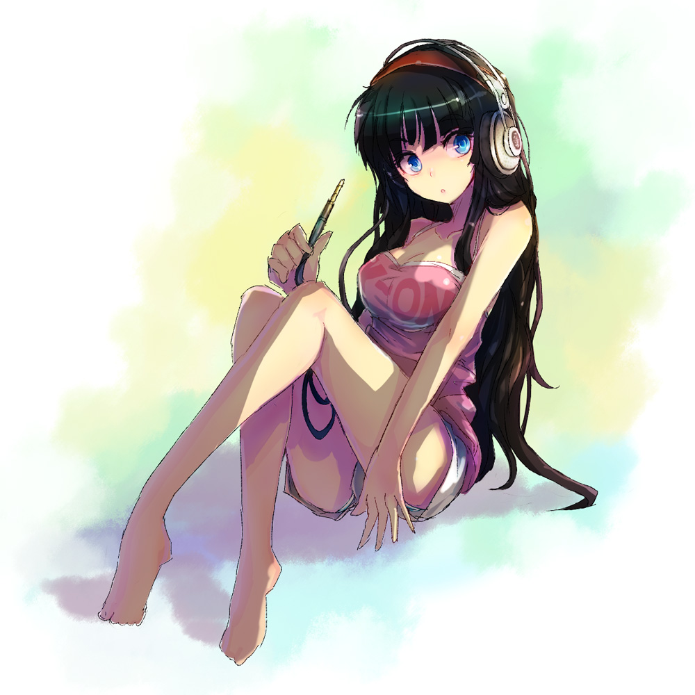 kara (color), akiyama mio, akg, k-on!, 00s, 1girl, akg k-series headphones, audio jack, barefoot, black hair, blue background, blue eyes, blunt bangs, breasts, cleavage, clothes writing, feet, female focus, gradient background, green background, headphones, hime cut, large breasts, long hair, short shorts, shorts, solo, tank top, yellow background