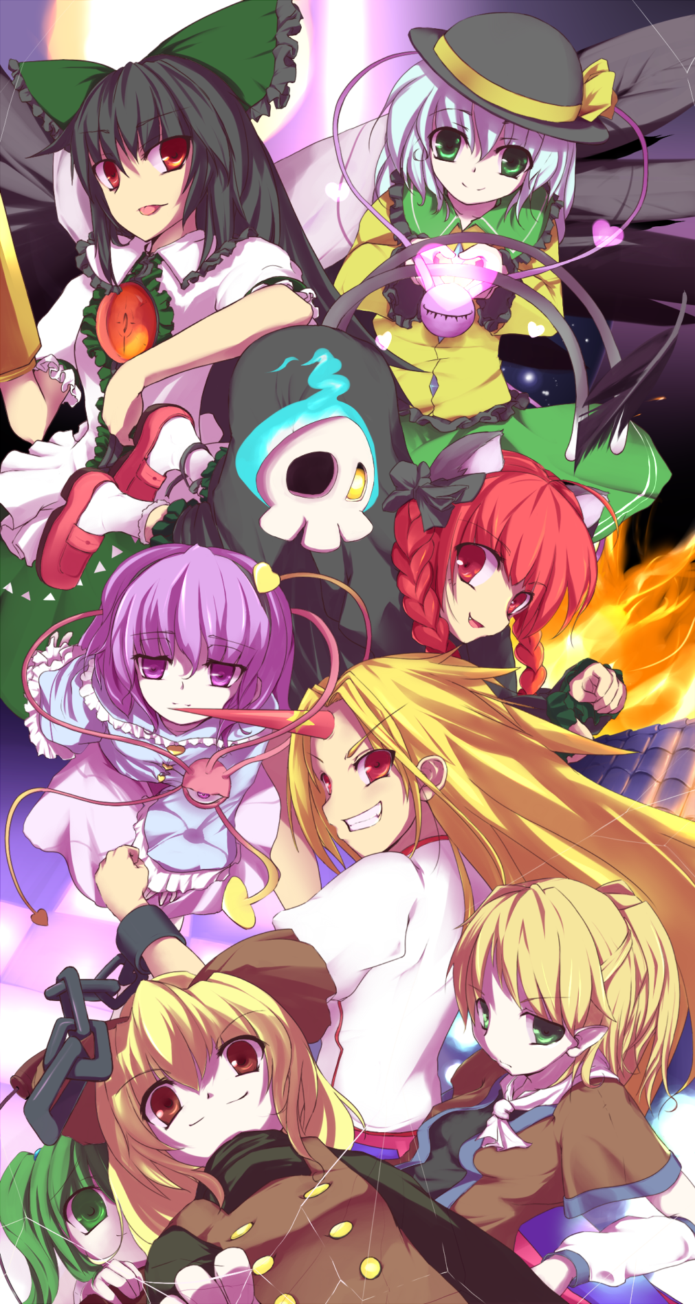 momo (higanbana and girl), hoshiguma yuugi, kaenbyou rin, kisume, komeiji koishi, komeiji satori, kurodani yamame, mizuhashi parsee, reiuji utsuho, subterranean animism, touhou, highres, 6+girls, braid, female focus, horns, multiple girls, single horn, star (symbol)
