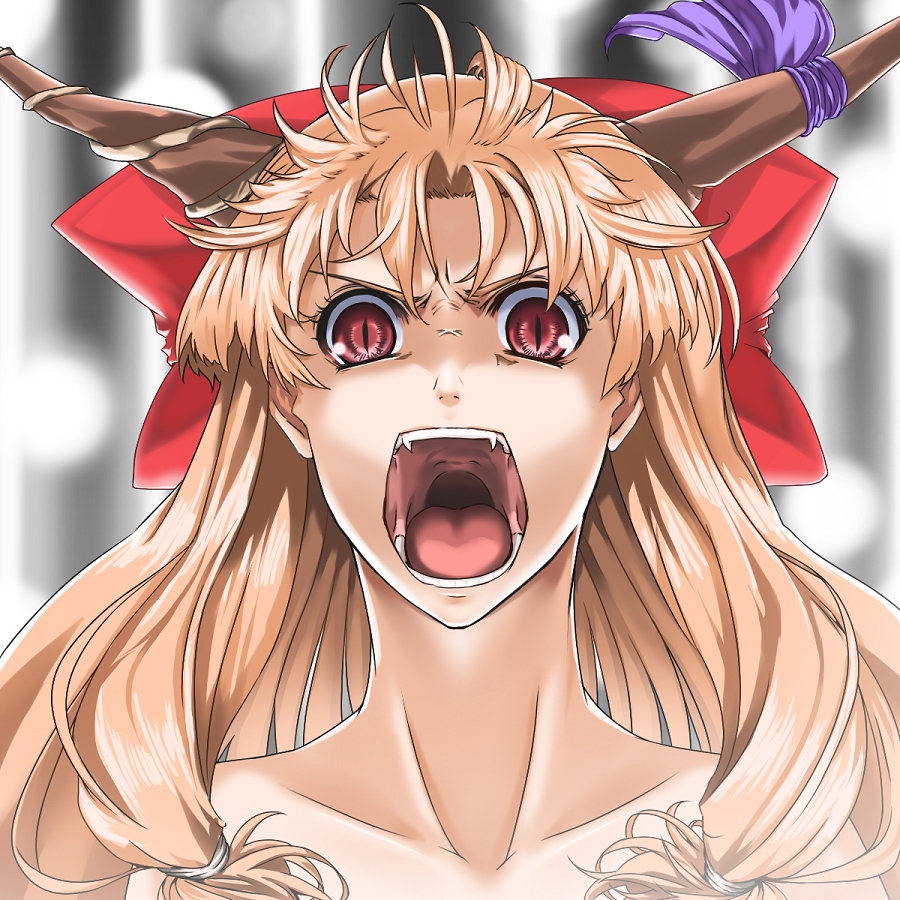 haruichi (komikal), ibuki suika, touhou, 1girl, angry, bare shoulders, blonde hair, bow, fangs, female focus, hair bow, horn ornament, horn ribbon, horns, long hair, open mouth, red eyes, ribbon, slit pupils, solo, you gonna get raped