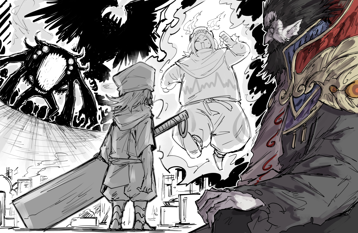 kankan33333, original, commentary request, 1boy, 1girl, 1other, androgynous, armored boots, baggy clothes, baggy pants, beard, blot plot, boots, closed eyes, coat, facial hair, full beard, greatsword, hair slicked back, holding, holding sword, holding weapon, looking at another, medium hair, monochrome background, monster, open mouth, pants, pointy ears, running, shirt, standing, sword, weapon