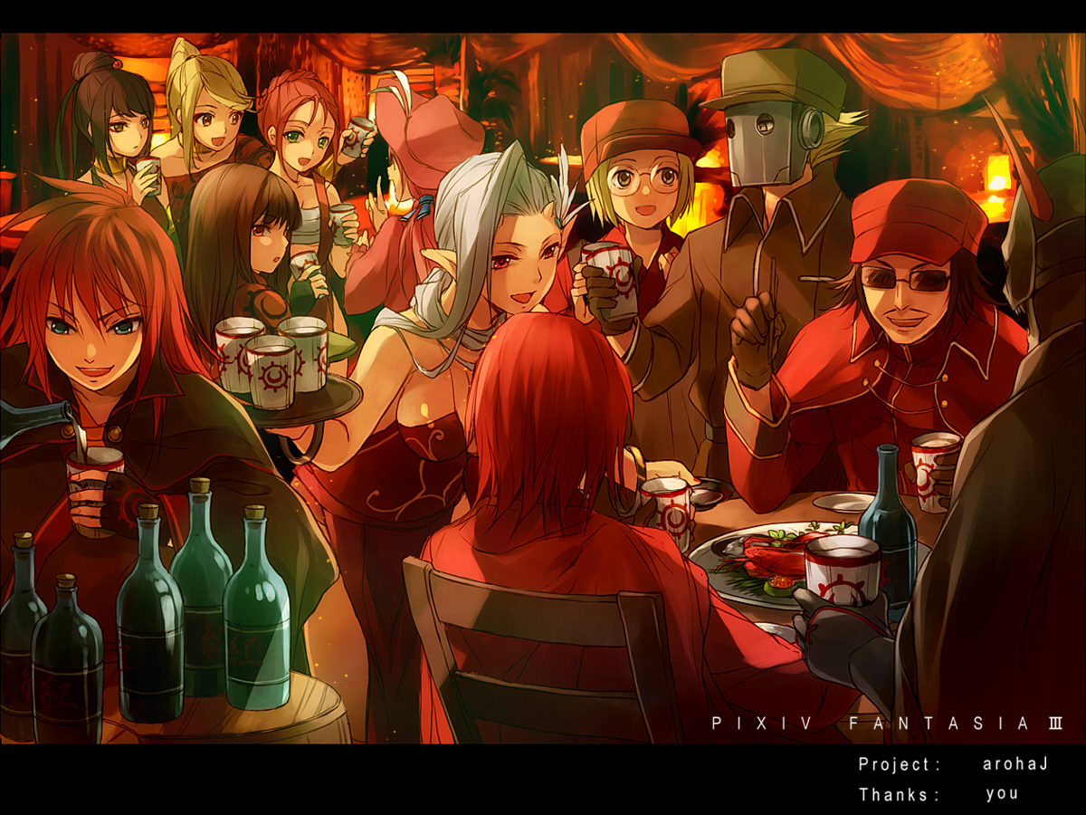 ryou (kimagure), kannazuki (pixiv fantasia), nagashima (pixiv fantasia), watanabe (pixiv fantasia), wayder (pixiv fantasia), yata (pixiv fantasia), pixiv fantasia, pixiv fantasia 3, bad id, bad pixiv id, 5boys, 6+girls, bottle, eating, food, long hair, multiple boys, multiple girls, pointy ears, waitress, white hair