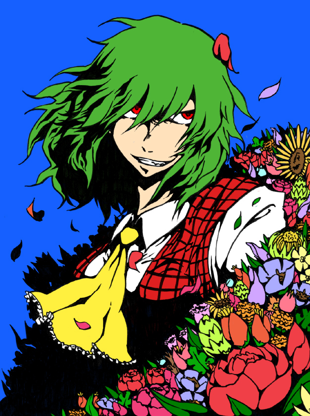 tori (artist), tori (hiyoko bazooka), kazami yuuka, touhou, 1girl, ascot, blue background, evil grin, evil smile, female focus, flower, green hair, grin, petals, plaid clothes, plaid vest, red eyes, short hair, smile, solo, upper body, vest