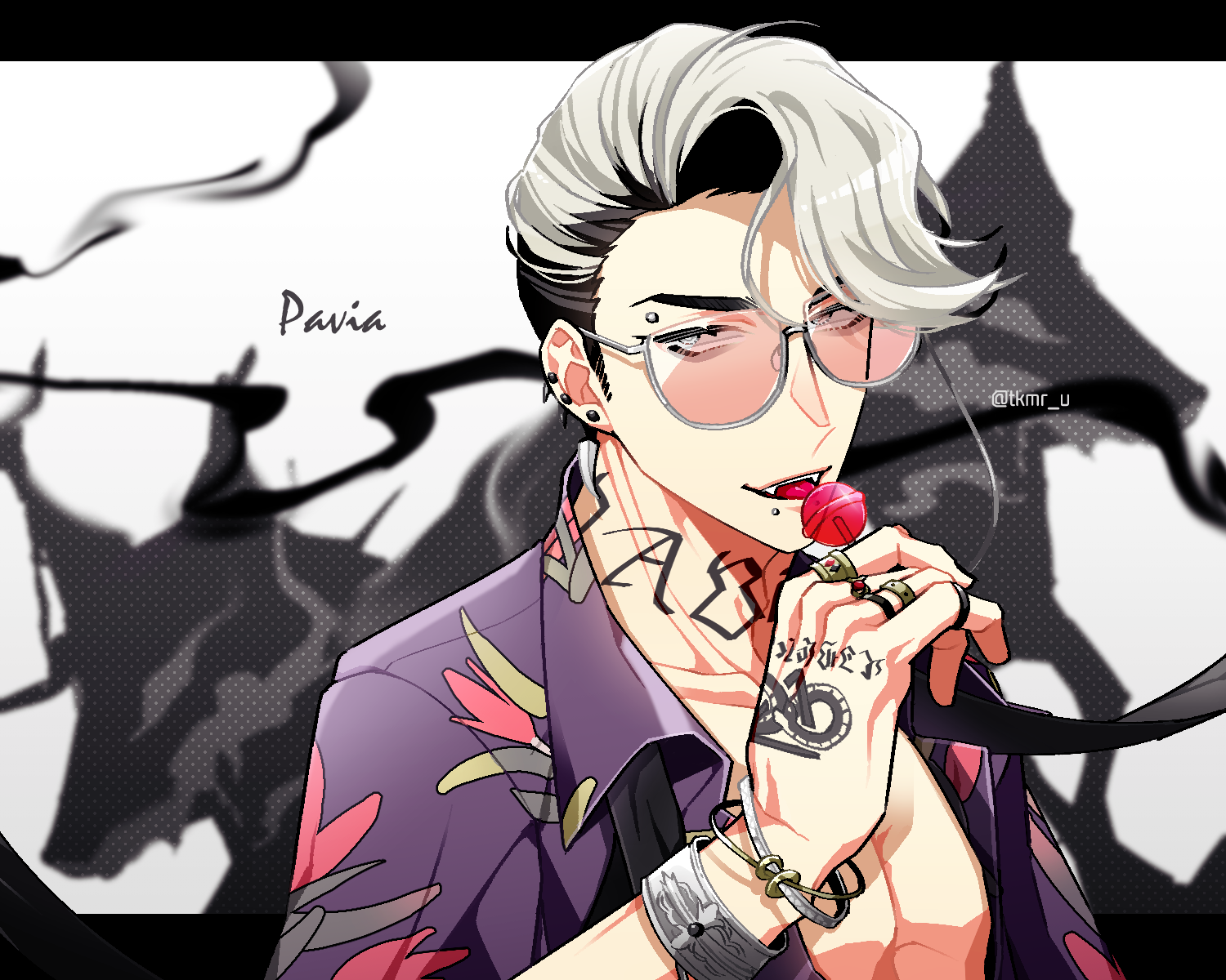 tkmru, pavia (reverse:1999), reverse:1999, highres, 1boy, :d, black necktie, bracelet, candy, character name, ear piercing, eyebrow piercing, face piercing, fangs, food, grey eyes, hand tattoo, holding, holding candy, holding food, holding lollipop, jewelry, licking food, lip piercing, lollipop, male focus, neck tattoo, necktie, open mouth, piercing, pink-tinted eyewear, purple shirt, ring, shirt, short hair, smile, solo, sunglasses, tattoo, tinted eyewear, undone necktie, upper body, white background, white hair