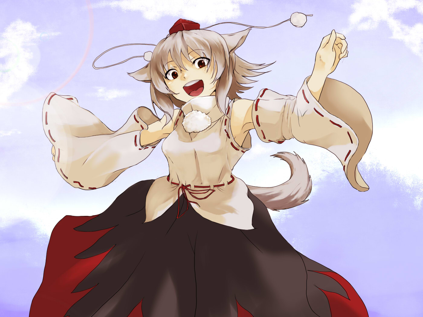 akishuon, inugami akito, inubashiri momiji, touhou, silver hair, 1girl, animal ears, armpits, detached sleeves, female focus, hat, open mouth, red eyes, short hair, solo, tail, tokin hat, wolf ears, wolf tail