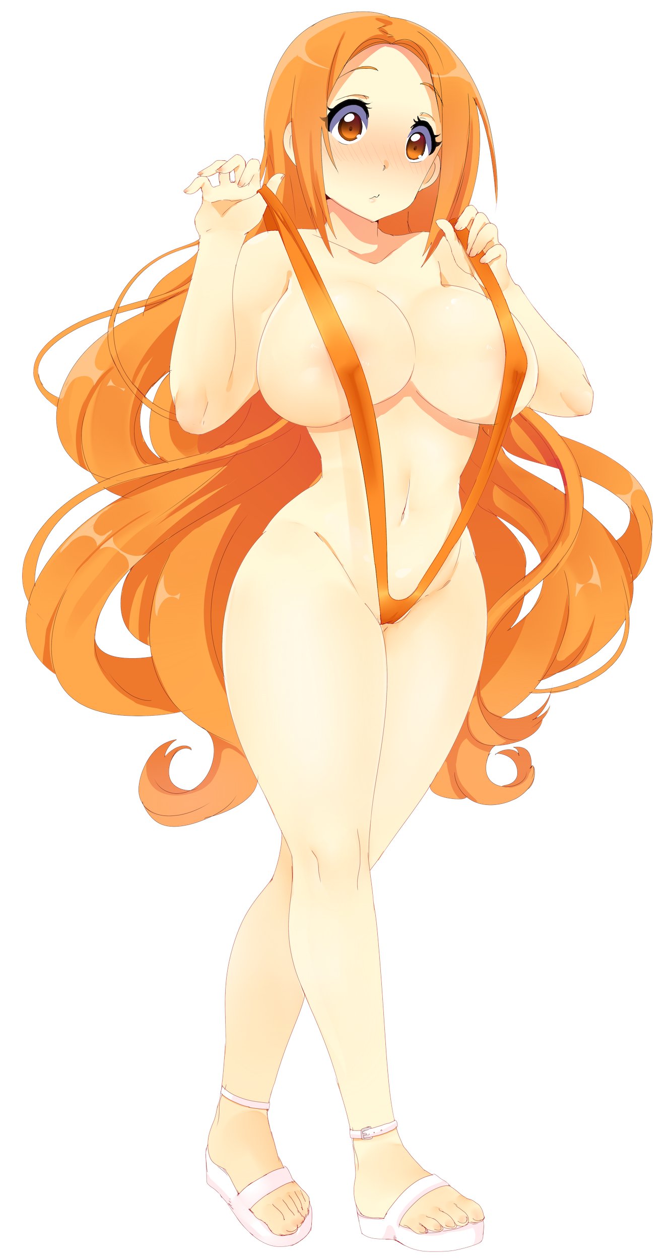 nashirasauce, inoue orihime, bleach, absurdres, highres, 1girl, blush, breasts, brown eyes, curvy, huge breasts, long hair, orange hair, orange slingshot swimsuit, slingshot swimsuit, swimsuit, thick thighs, thighs, very long hair, wide hips