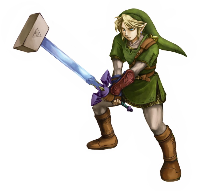 suzumiya misa, link, nintendo, the legend of zelda, 1boy, blonde hair, earrings, gloves, hat, jewelry, male focus, master sword, pointy ears, solo, sword, weapon