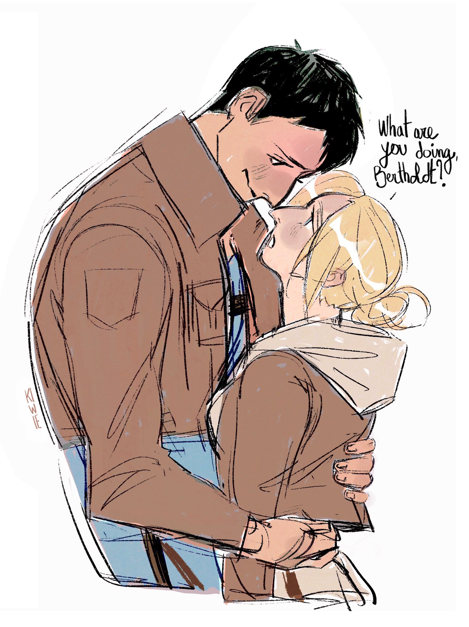 kiwie marinep, annie leonhart, bertolt hoover, shingeki no kyojin, highres, 1boy, 1girl, arm around back, arm around waist, black hair, blonde hair, blue eyes, breasts, brown jacket, english text, hair bun, hetero, hood, hood down, jacket, light blush, looking at another, medium breasts, medium hair, open mouth, parted bangs, short hair, updo, upper body, white background