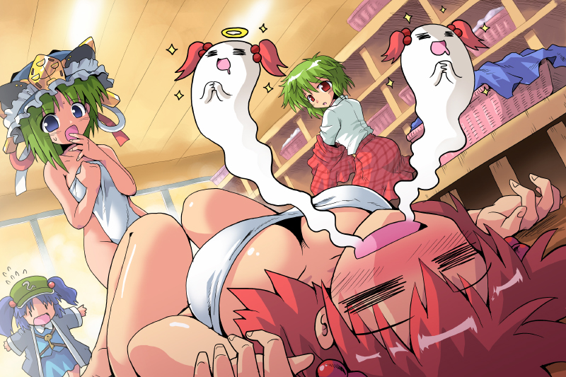 kurogarasu, kawashiro nitori, kazami yuuka, onozuka komachi, shiki eiki, touhou, 4girls, = =, blue eyes, blue hair, blush, breasts, breasts apart, cleavage, covering privates, downblouse, dutch angle, female focus, ghost, giving up the ghost, green hair, hair bobbles, hair ornament, hat, key, large breasts, medium breasts, multiple girls, naked towel, nude, nude cover, plaid clothes, plaid skirt, plaid vest, red eyes, red hair, short hair, skirt, skirt set, sparkle, towel, twintails, two side up, undressing, vest