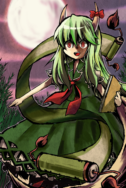 3speed, jiageya (atojian keikaku), ex-keine, kamishirasawa keine, touhou, 1girl, book, female focus, green hair, horns, long hair, moon, red eyes, solo