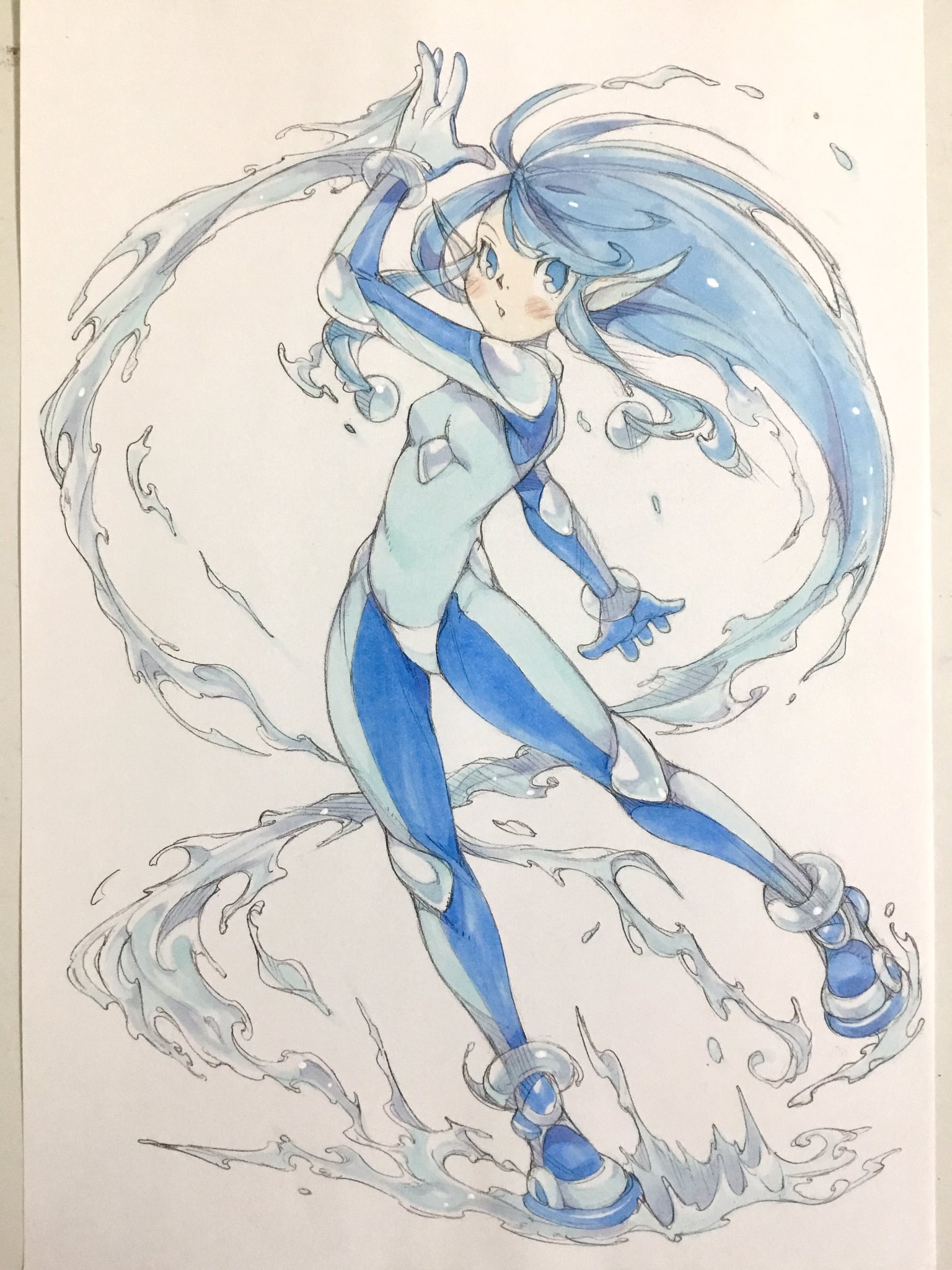 peter salt, original, commentary, highres, traditional media, 1girl, arm up, blue bodysuit, blue boots, blue eyes, blue gloves, blue hair, bodysuit, boots, breasts, full body, gloves, hydrokinesis, liquid hair, long hair, parted lips, pointy ears, sidelocks, small breasts, solo, standing, standing on one leg, water