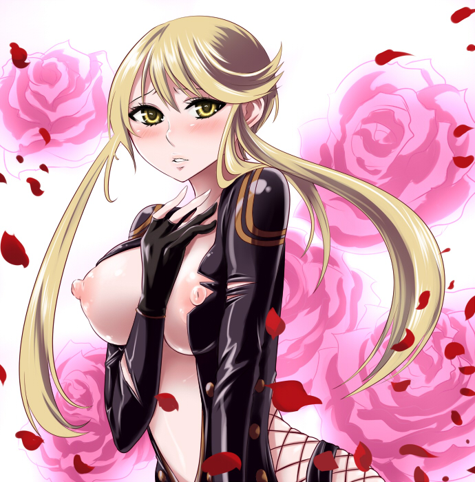 kuroino (kuroyashiro), kasuga, kasuga (sengoku basara), sengoku basara, bad id, bad pixiv id, 00s, 1girl, blonde hair, bodysuit, breasts, cleavage, female focus, fishnets, flower, large breasts, ninja, nipples, solo, yellow eyes