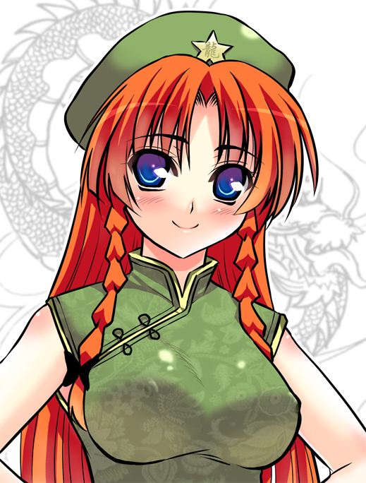 takadoya, hong meiling, embodiment of scarlet devil, touhou, 1girl, blue eyes, braid, breasts, china dress, chinese clothes, dress, female focus, hat, long hair, red hair, smile, solo, twin braids