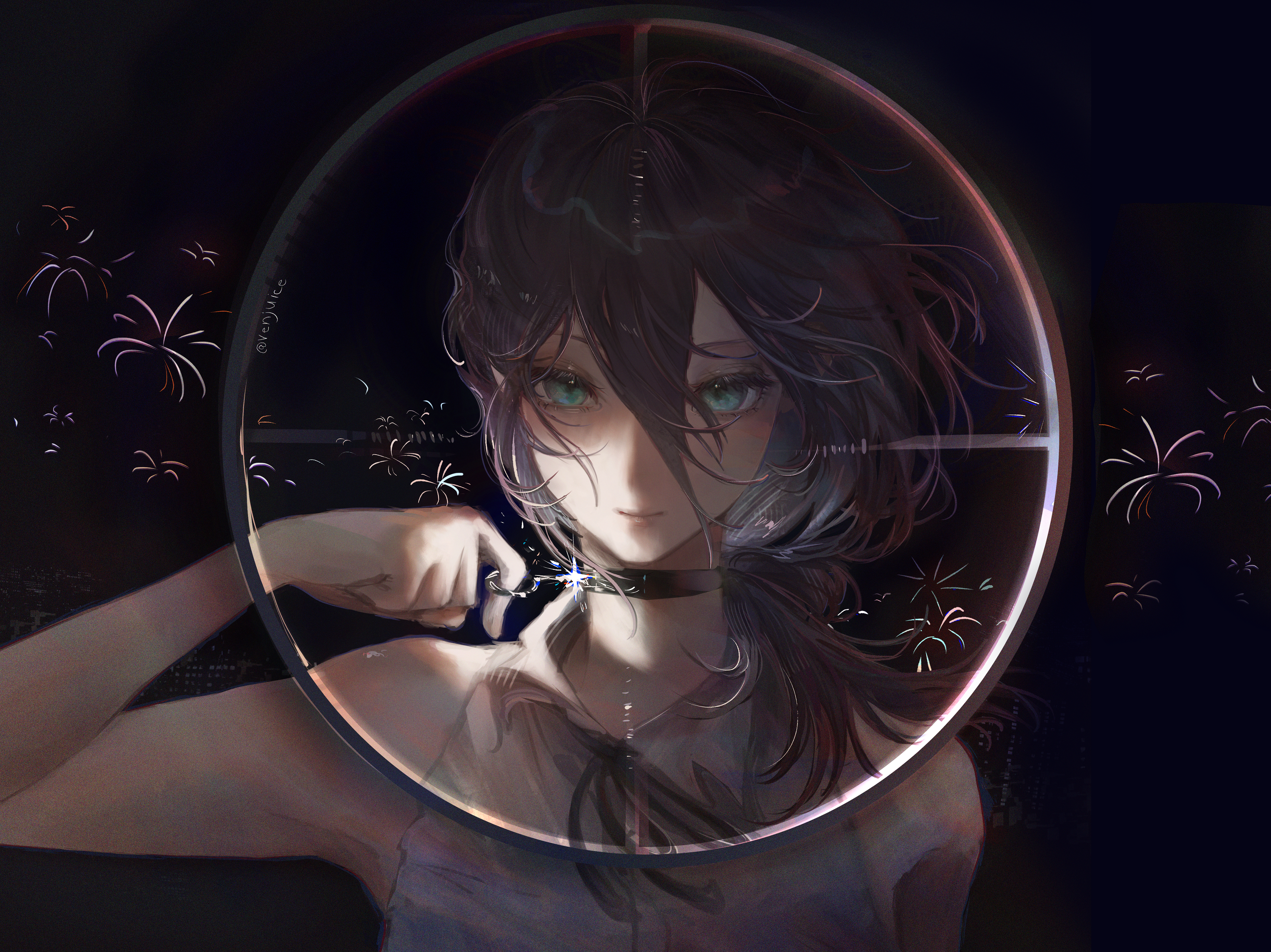 ven juice, reze (chainsaw man), chainsaw man, absurdres, highres, 1girl, black choker, black hair, black ribbon, choker, collared shirt, crosshair, green eyes, grenade pin, grey shirt, hair between eyes, neck ribbon, ribbon, shirt, sleeveless, sleeveless shirt, solo