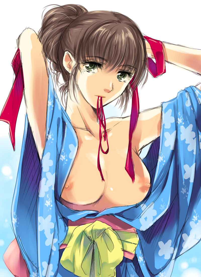flieger, bad id, bad pixiv id, 1girl, adjusting hair, breasts, brown hair, female focus, green eyes, japanese clothes, kimono, mouth hold, nipples, ribbon, solo, undressing