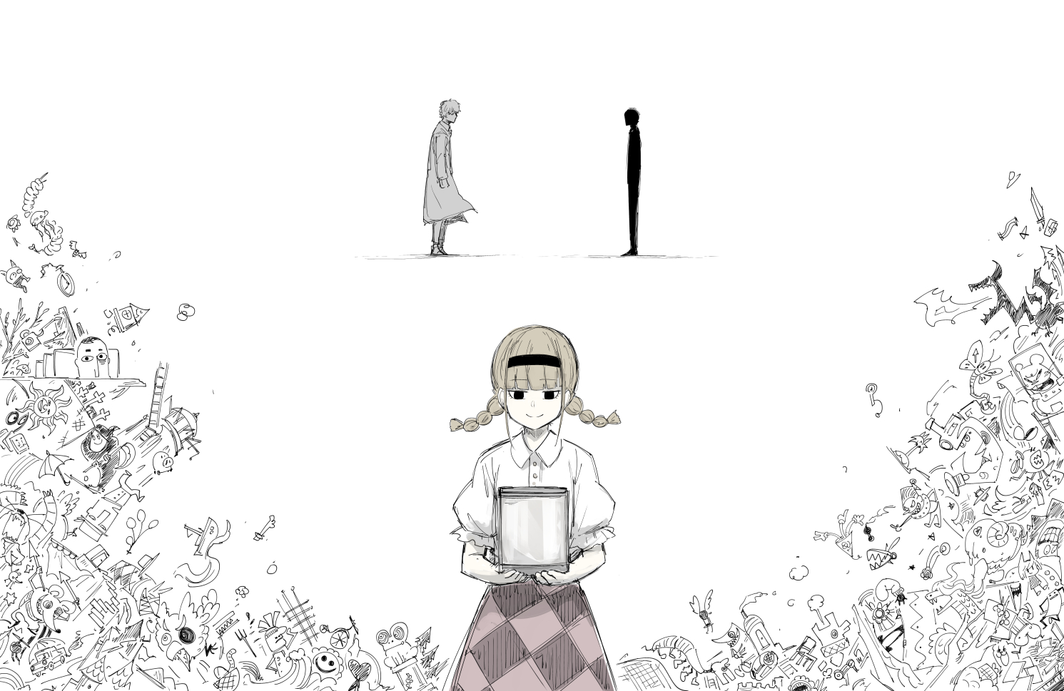 kankan33333, original, commentary request, 1boy, 1girl, black eyes, black hairband, blot plot, blunt bangs, box, braid, brown hair, checkered clothes, checkered skirt, coat, collared shirt, greyscale, hairband, holding, holding box, john (kankan33333), long hair, looking at another, monochrome, shirt, short hair, silhouette, simple background, sketch inset, skirt, smile, spot color, standing, twin braids, white background, white shirt