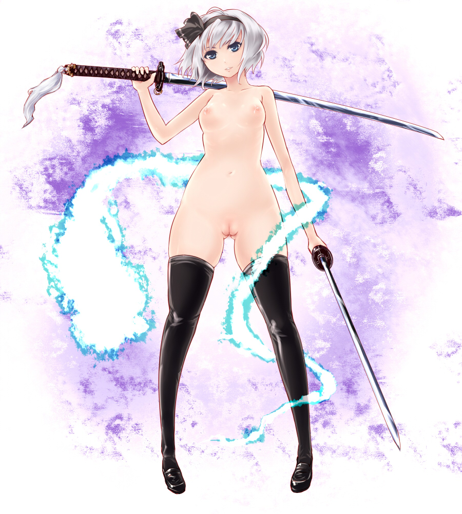 kuroino (kuroyashiro), konpaku youmu, konpaku youmu (ghost), touhou, bad id, bad pixiv id, 1girl, black thighhighs, breasts, cleft of venus, dual wielding, female focus, ghost, hairband, hitodama, holding, katana, legs, nipples, nude, pussy, short hair, skindentation, small breasts, solo, standing, sword, thighhighs, uncensored, weapon, white hair