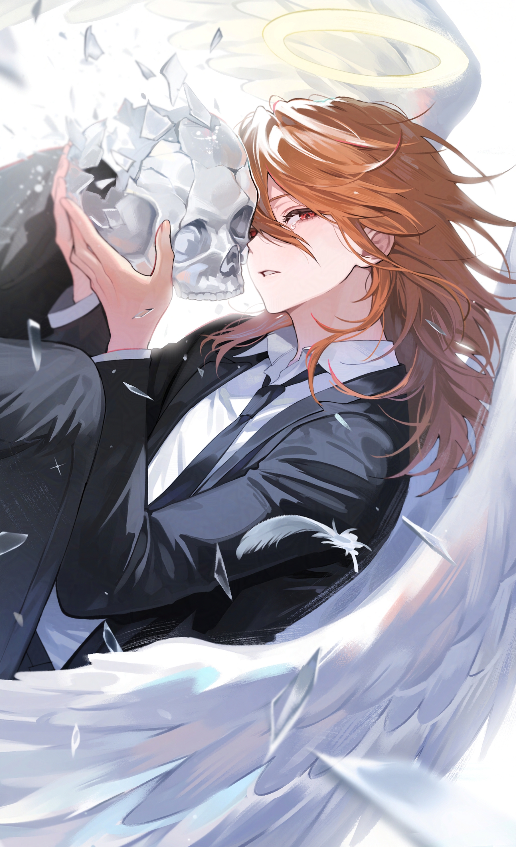 myrpo, angel devil (chainsaw man), chainsaw man, absurdres, hashtag-only commentary, highres, 1boy, androgynous, angel wings, black jacket, black necktie, black pants, black suit, collared shirt, feathers, formal clothes, hair between eyes, halo, holding, holding skull, jacket, looking at viewer, male focus, medium hair, necktie, orange hair, pants, parted lips, red eyes, shirt, skull, solo, suit, tearing up, tears, white feathers, white shirt, wings
