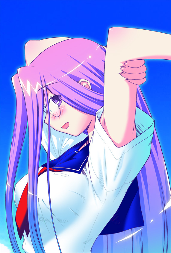 siseru samurai, medusa (fate), medusa (rider) (fate), fate/stay night, fate (series), 00s, 1girl, blush, female focus, glasses, long hair, open mouth, profile, purple eyes, purple hair, school uniform, serafuku, short sleeves, solo, square pupils, very long hair