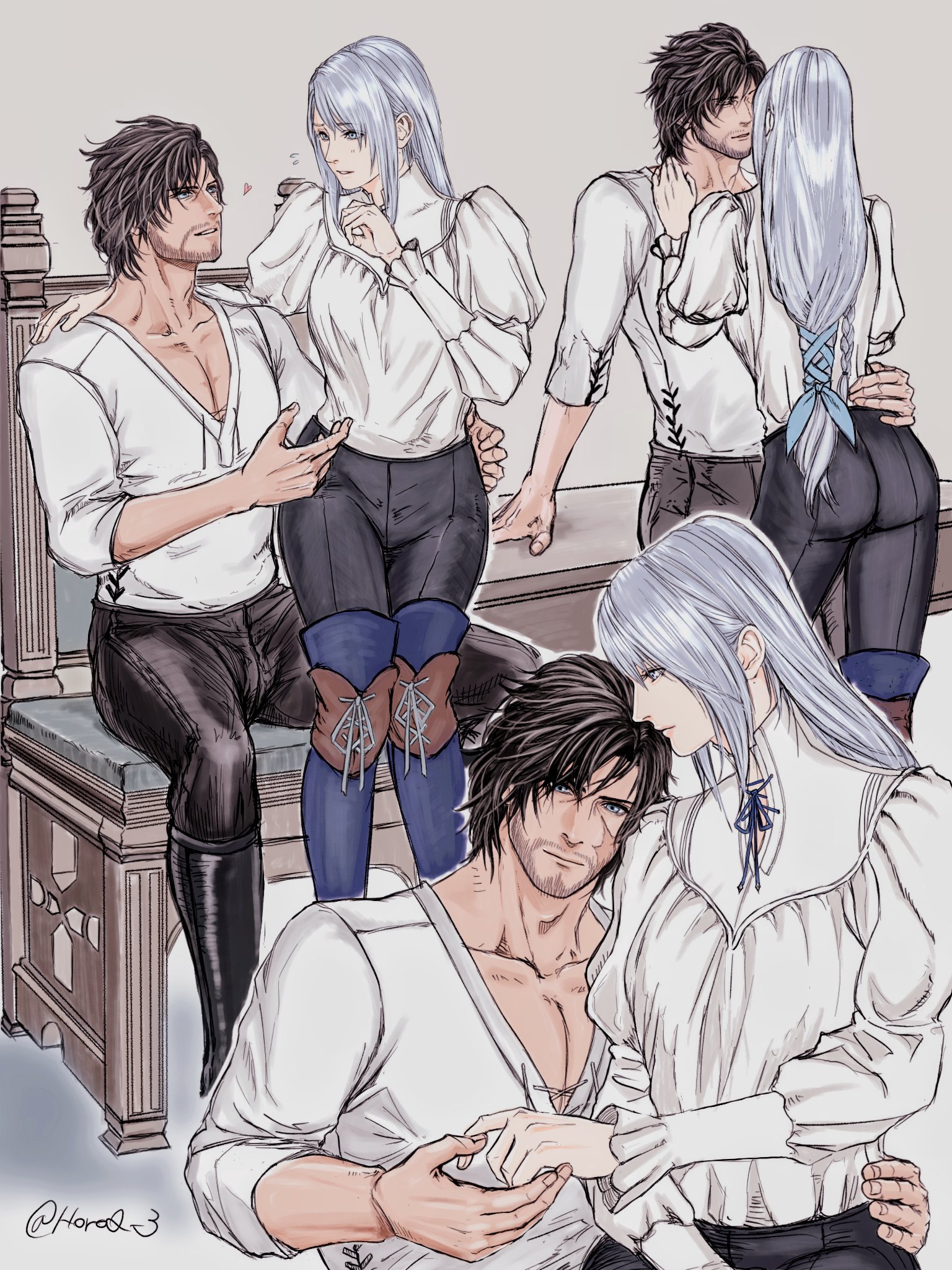 clive rosfield, jill warrick, final fantasy, final fantasy xvi, highres, 1boy, 1girl, arm around neck, arm around waist, beard stubble, black boots, black hair, black pants, blue boots, blue ribbon, boots, braid, breasts, couple, facial hair, facial scar, grey hair, hair between eyes, hair ribbon, hand on another's waist, hetero, holding hands, horoq3, juliet sleeves, long hair, long sleeves, looking at another, low-tied long hair, medium breasts, multiple views, pants, parted lips, pectorals, puffy sleeves, ribbon, scar, scar on cheek, scar on face, shirt, short hair, side braid, sitting, stubble, twitter username, white shirt