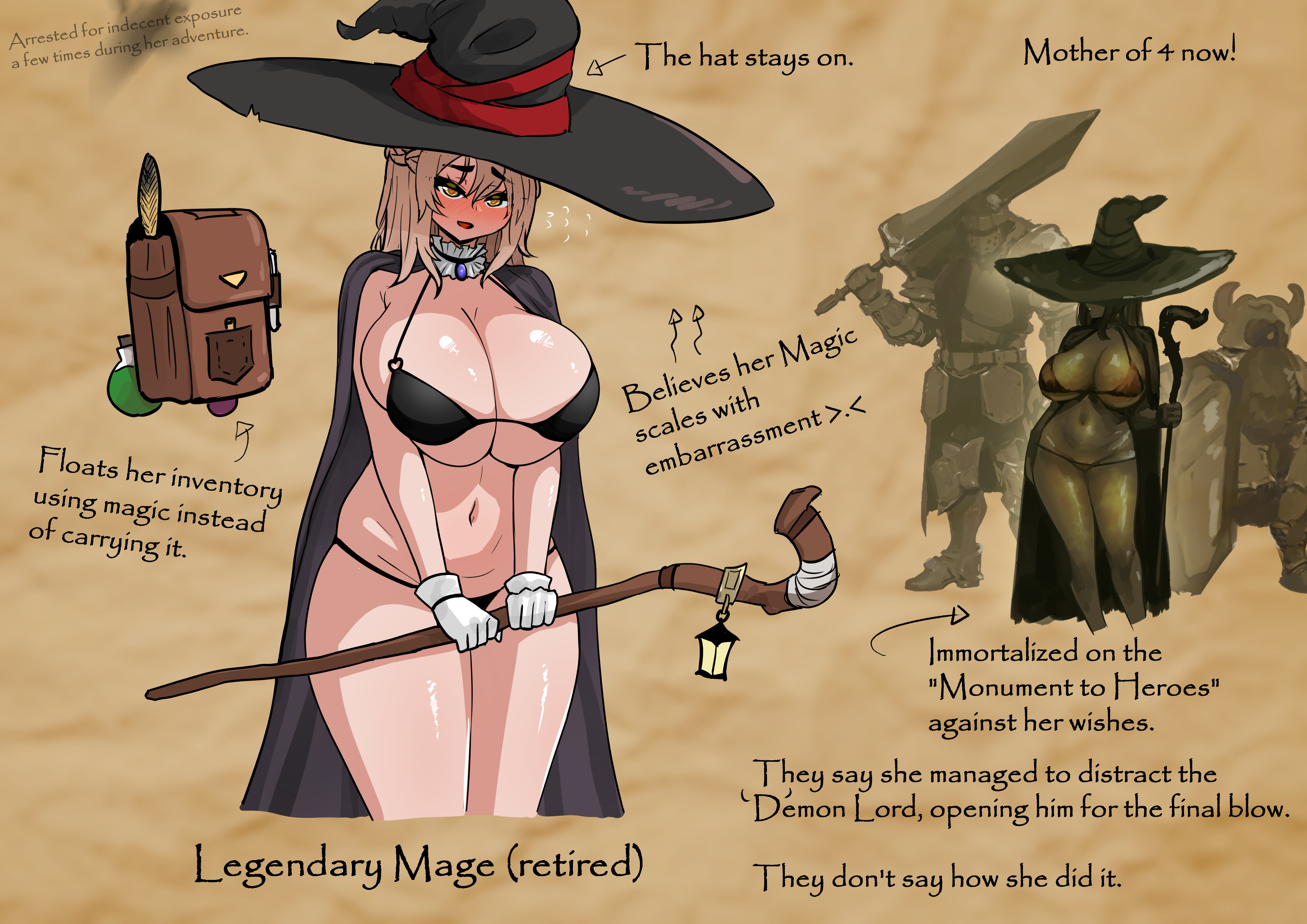 the only shoe, original, absurdres, highres, 1girl, breasts, character name, character profile, hat, holding, holding staff, huge breasts, mage staff, pointing out the details, reference sheet, staff, witch, witch hat