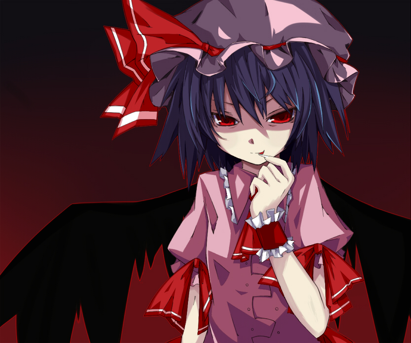 kitsune (artist), kitsune (scaz), remilia scarlet, touhou, 1girl, :p, blue hair, female focus, gradient background, hat, red eyes, ribbon, short hair, solo, tongue, tongue out, upper body, wings, wrist cuffs