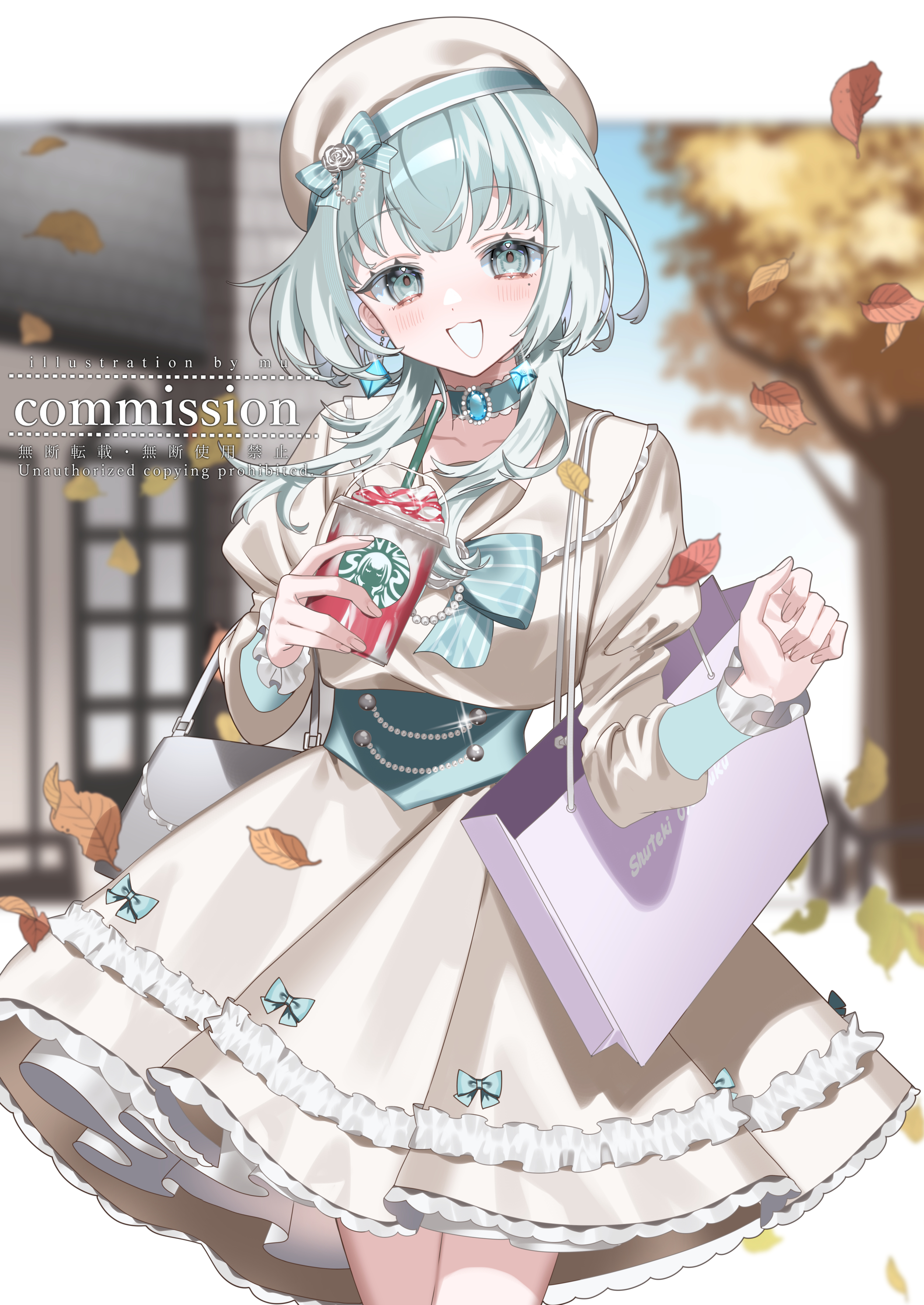 mu 005555, absurdres, character request, commission, copyright request, highres, 1girl, autumn, autumn leaves, bag, blue bow, blue eyes, blurry, blurry background, blush, bow, collar, cup, dress, drinking straw, falling leaves, feet out of frame, gem, hat, holding, holding bag, holding cup, house, jewelry, leaf, looking at viewer, open mouth, outdoors, short hair, smile, solo, standing, tree, white dress, white hair, window